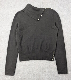 Mainbocher Cashmere sweater Women Small Quiet Luxury Asymmetric Faux Pearl Black